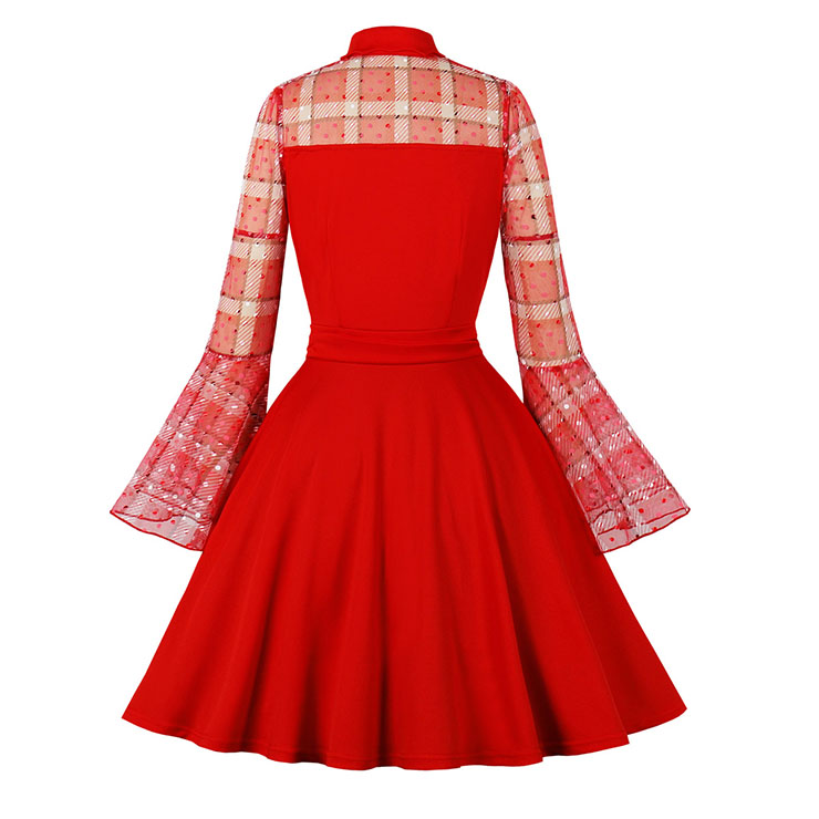 Vintage Red Lapel See-through Mesh Round Dot Grid Flare Sleeve Stitching A-line Dress N22471