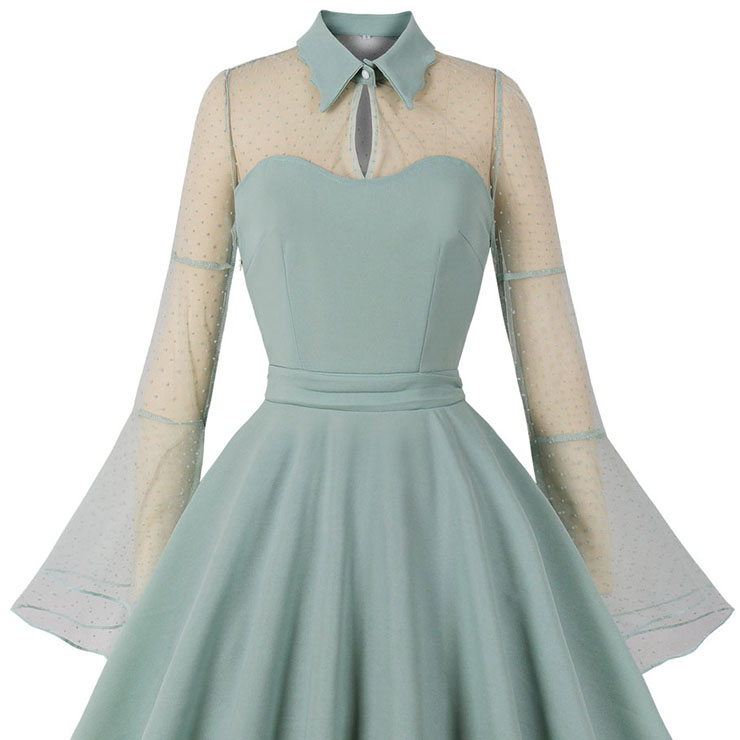 Vintage Reseda Lapel See-through Mesh Round Dot Flare Sleeve Stitching A-line Dress N22465