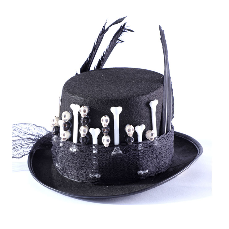 Gothic Unisex Skeletons Bones And Feather Lace Halloween Costume Handmade Top Hat J21211