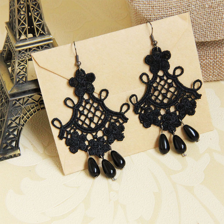 Victorian Gothic Black Floral Lace with Black Beads Drop Earrings J18405