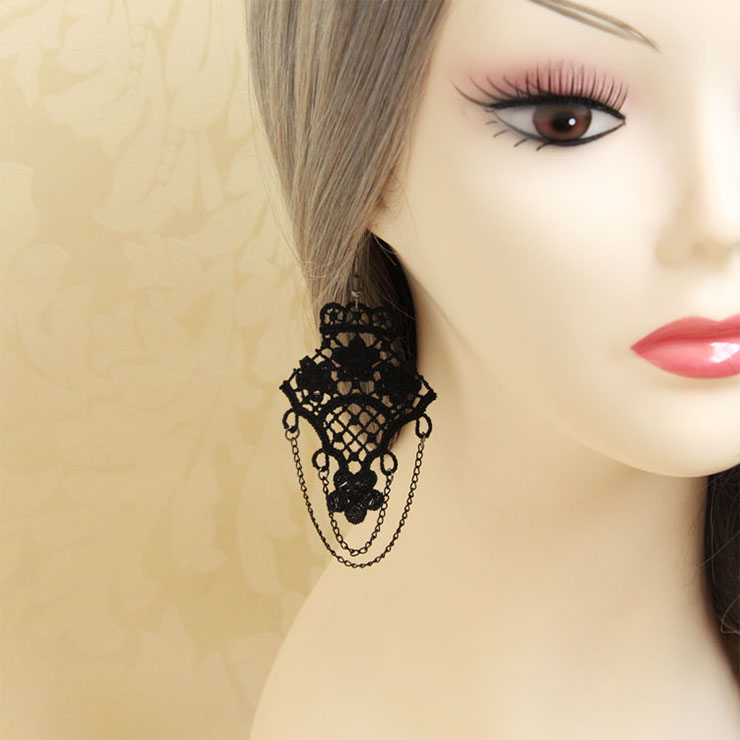 Gothic Style Black Floral Lace with Black Chains Interlaced Earrings J18406