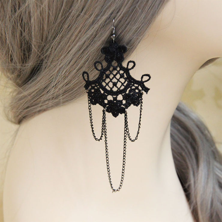 Gothic Style Black Floral Lace and Chains Charm Earrings J18403