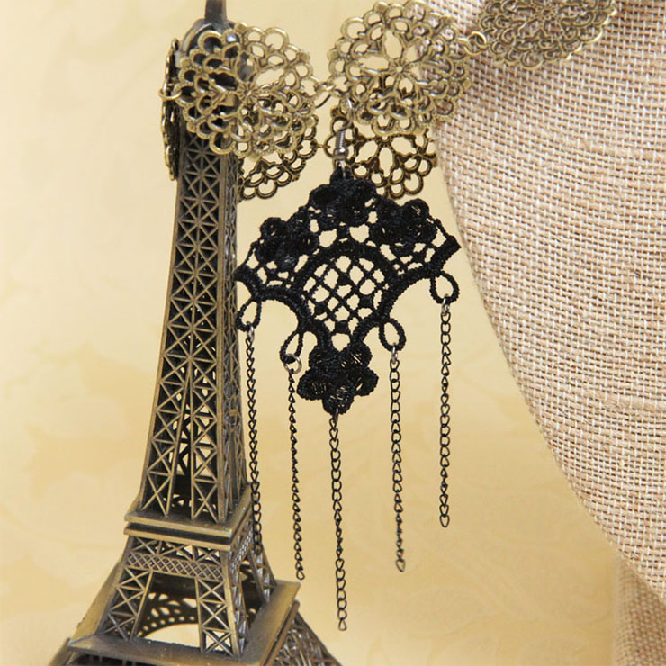 Gothic Style Black Floral Lace and Chains Charm Earrings J18404