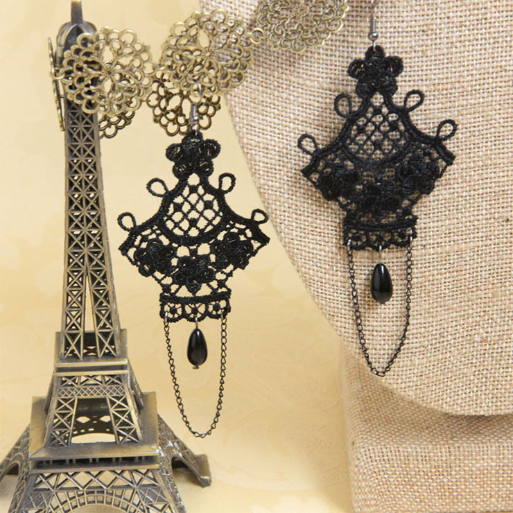 Gothic Style Black Floral Lace with Black Chain and Bead Drop Earrings J18409