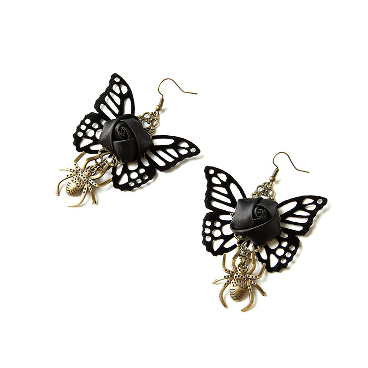 Victorian Gothic Black Butterfly and Rose with Bronze Metal Spider Pendant Earrings J21466