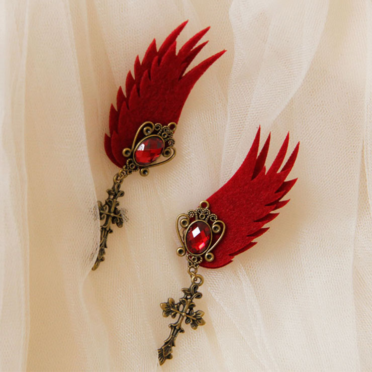 Gothic Style Red Wings and Ruby Alloy Clip Earrings with Cross J18385