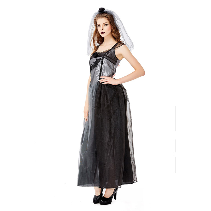 Gothic Vampire Multi-layered Mesh Long Wedding Dress Adult Ghost Bride Costume N19443