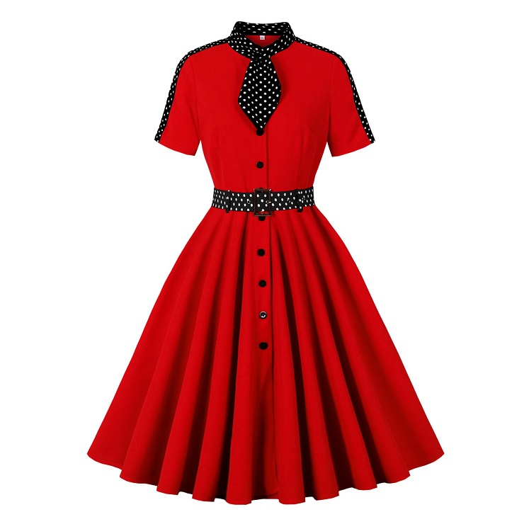 Vintage Audrey Hepburn Style Dress - Red Polka Dot A-Line with Bow Tie Collar N237809