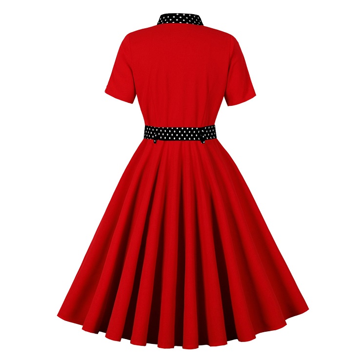 Vintage Audrey Hepburn Style Dress - Red Polka Dot A-Line with Bow Tie Collar N237809