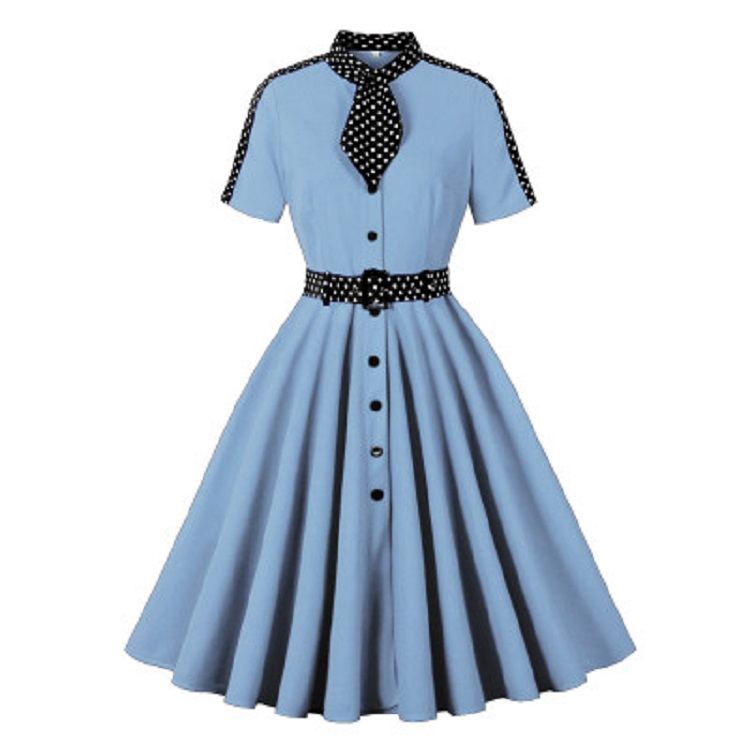 Vintage Audrey Hepburn Style Dress - Red Polka Dot A-Line with Bow Tie Collar N237810