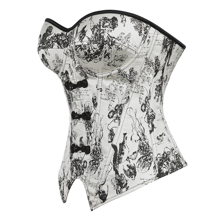 Gothic Vintage Print Corset Top – Victorian Style Bustier with Bow Details & Lace-Up Back N23911