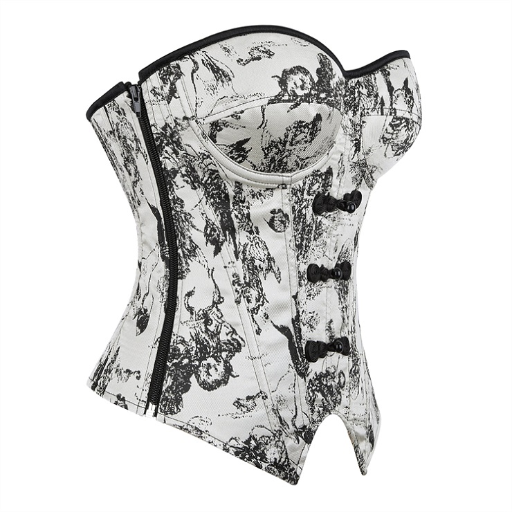 Gothic Vintage Print Corset Top – Victorian Style Bustier with Bow Details & Lace-Up Back N23911