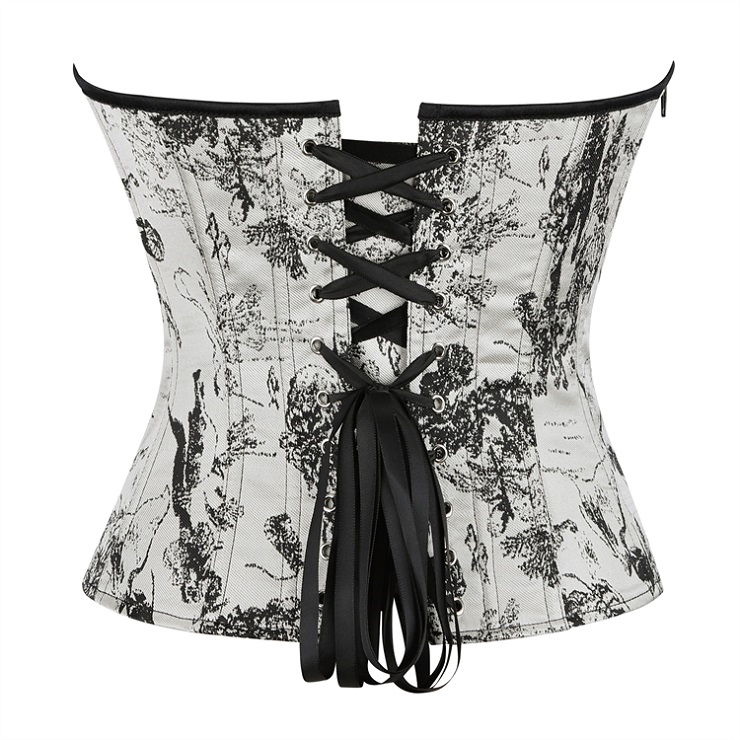 Gothic Vintage Print Corset Top – Victorian Style Bustier with Bow Details & Lace-Up Back N23911