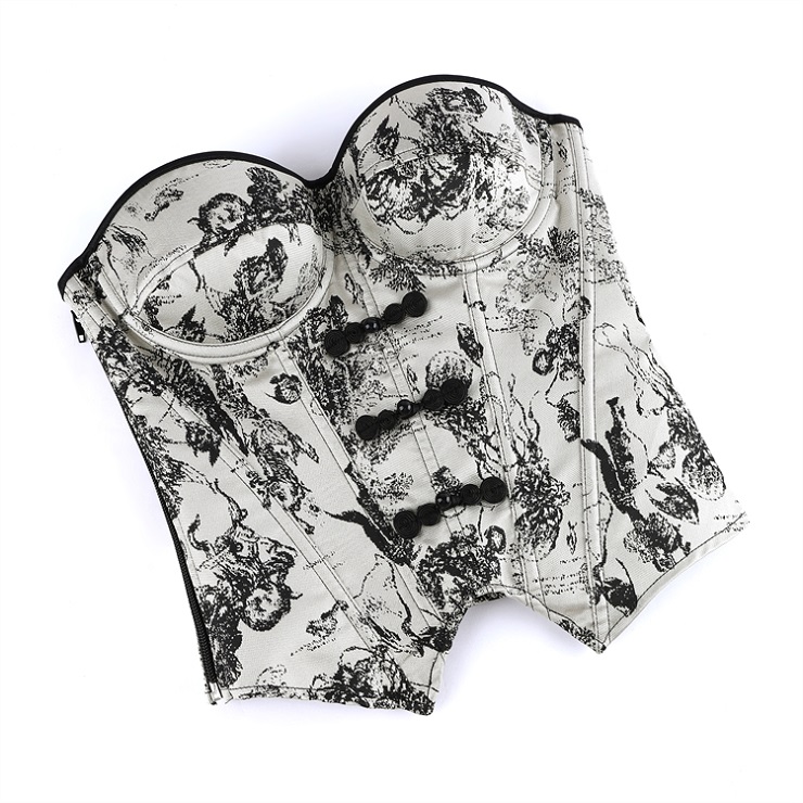 Gothic Vintage Print Corset Top – Victorian Style Bustier with Bow Details & Lace-Up Back N23911