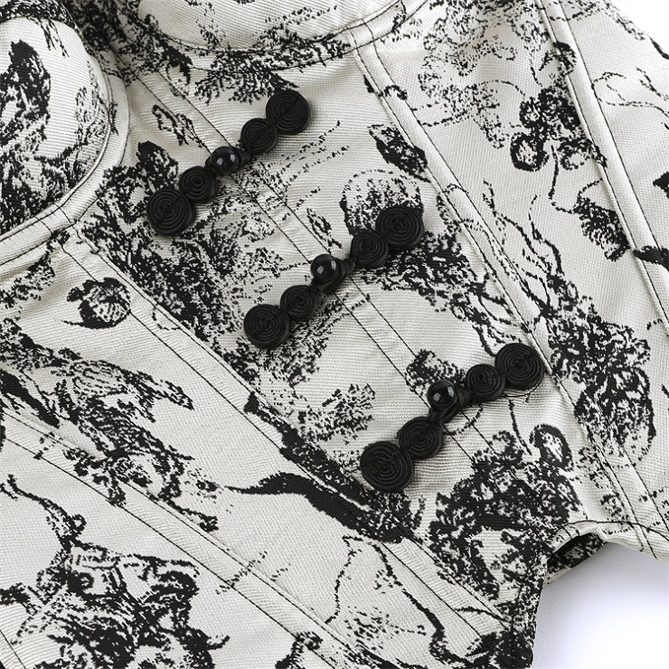Gothic Vintage Print Corset Top – Victorian Style Bustier with Bow Details & Lace-Up Back N23911