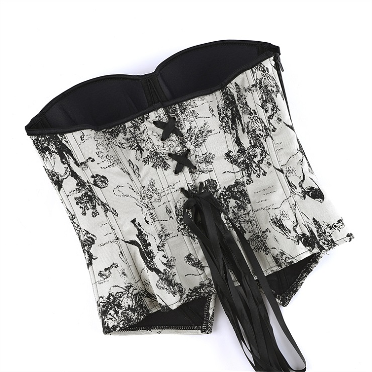 Gothic Vintage Print Corset Top – Victorian Style Bustier with Bow Details & Lace-Up Back N23911