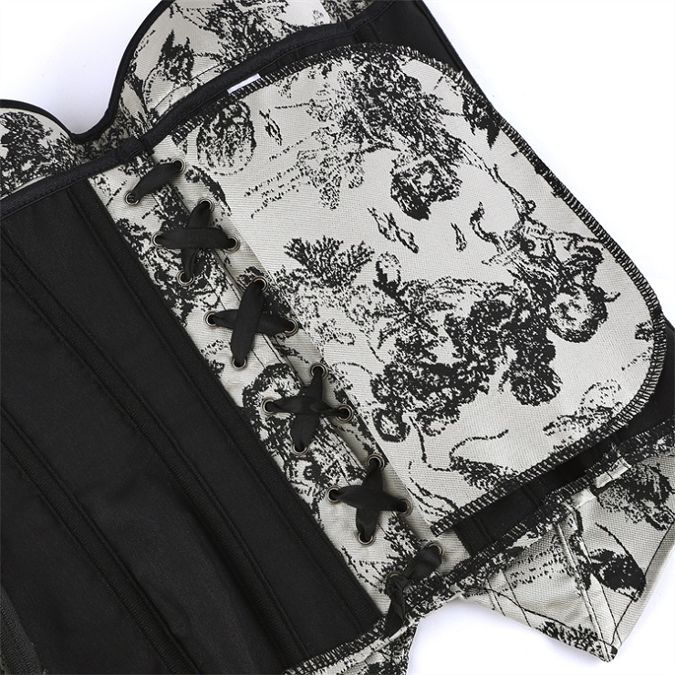 Gothic Vintage Print Corset Top – Victorian Style Bustier with Bow Details & Lace-Up Back N23911