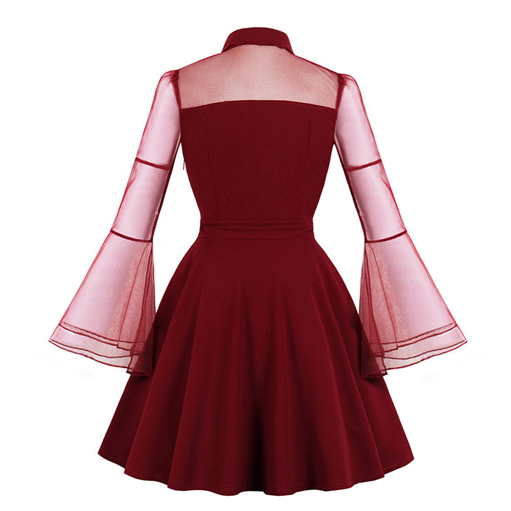 Sexy Gothic Wine Red See-through Mesh Splicing Flare Sleeve Vampire High Waist Midi Dress N18644
