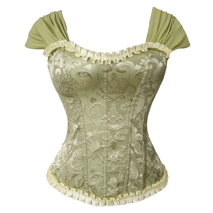 Green Lace-Up Dance Bustier Corset with Ruffle Shoulder Straps and Scalloped Hem N237867