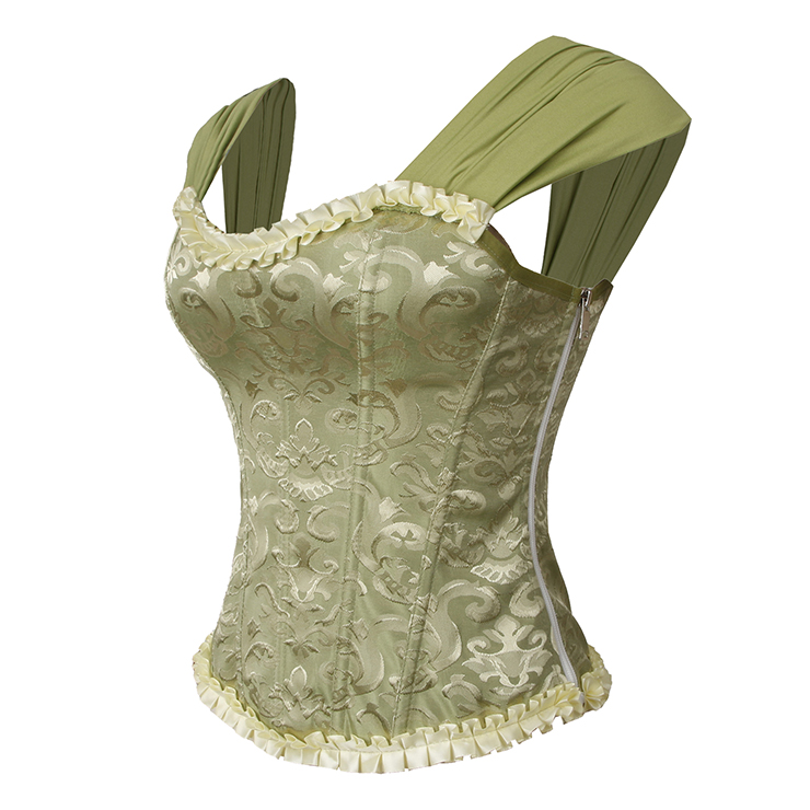 Green Lace-Up Dance Bustier Corset with Ruffle Shoulder Straps and Scalloped Hem N237867