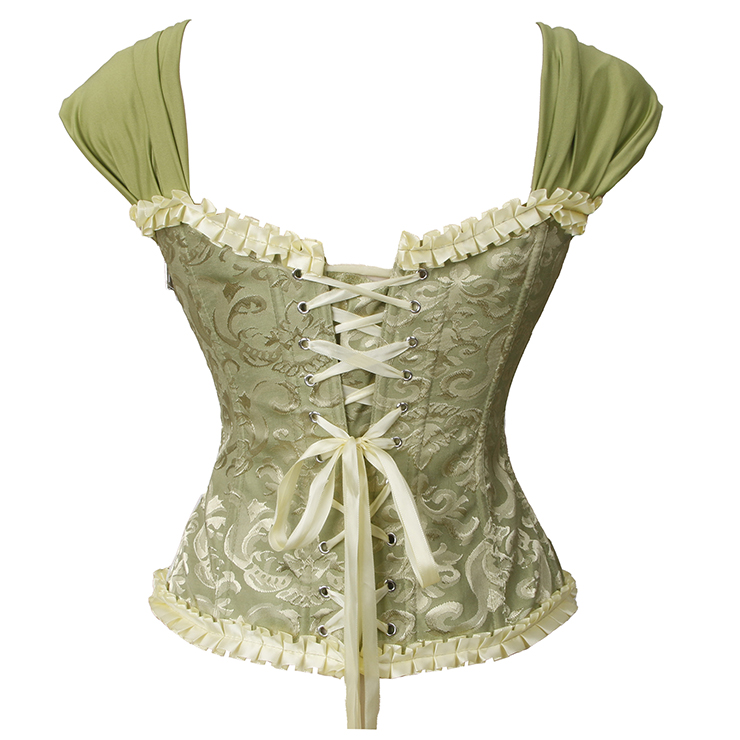 Green Lace-Up Dance Bustier Corset with Ruffle Shoulder Straps and Scalloped Hem N237867
