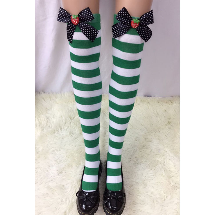 Lovely Green-white Strips Spots Bowknot with Strawberry Maid Cosplay Stockings HG18557