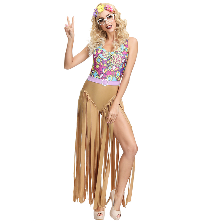 Women's Hippie Hottie One-piece Tank Disco Dancing Tassel Bodysuit Cosplay Costume N19394