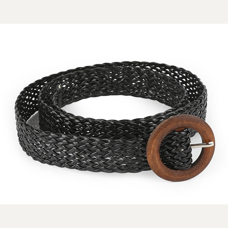 Women's Fashion All-match Black Braided Hollow Out O Buckle Waist Belt N17936