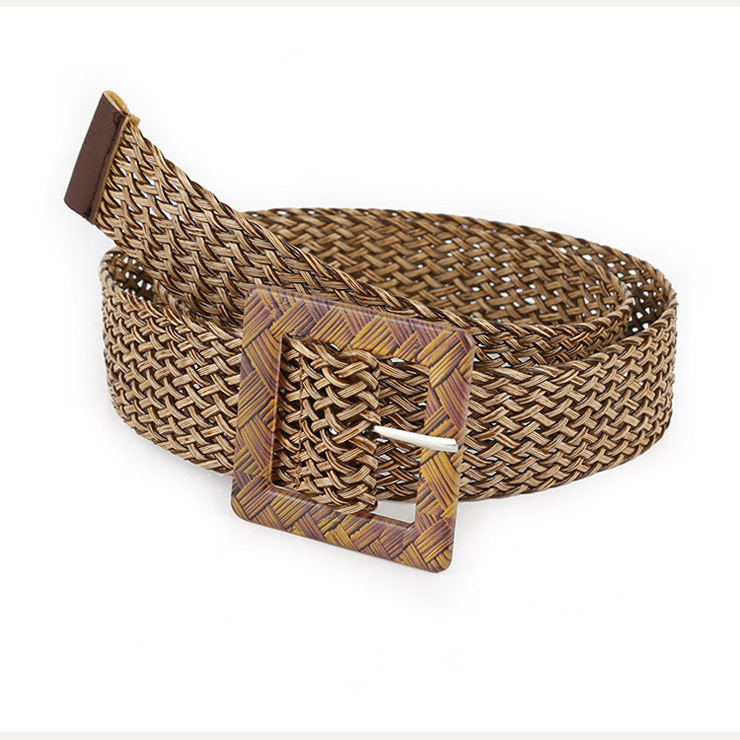Women's Fashion All-match Khaki Braided Hollow Out Square Buckle Waist Belt N17937