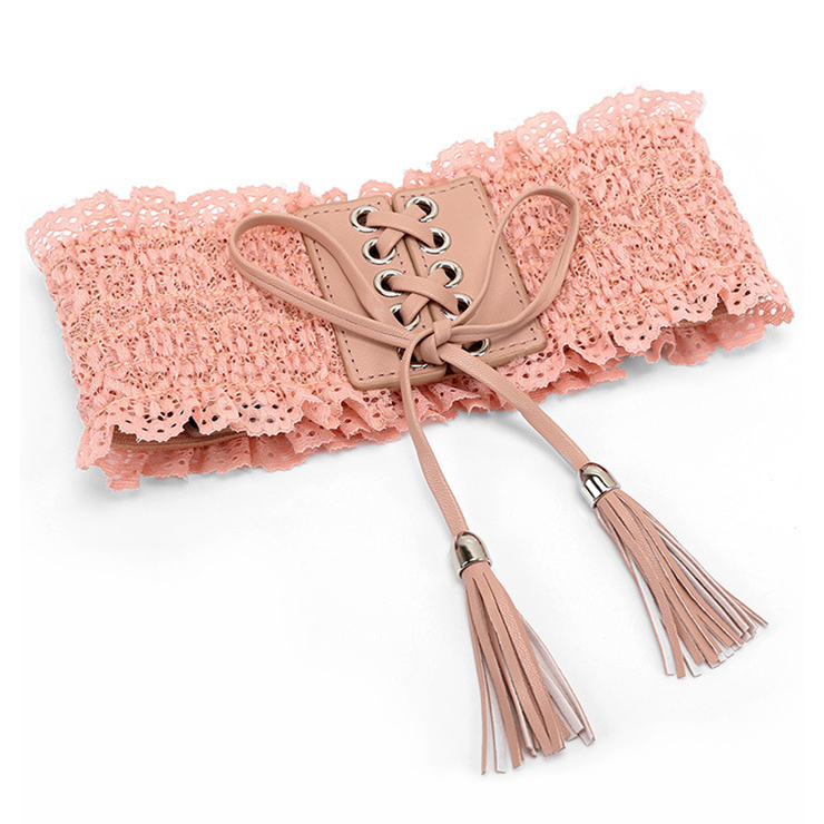 Fashion Pink Faux Leather Floral Lace Lace-up Elastic Wide Waist Belt N16943