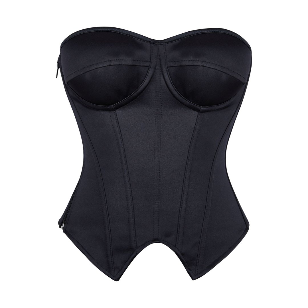 black corset, strapless bustier, front lace-up corset, waist trainer, side zipper shapewear, boned corset, sweetheart neckline, satin ribbon corset, body shaper, figure shaping, vintage corset, evening wear corset, waist cincher, seamless shapewear, structured bustier #N23845