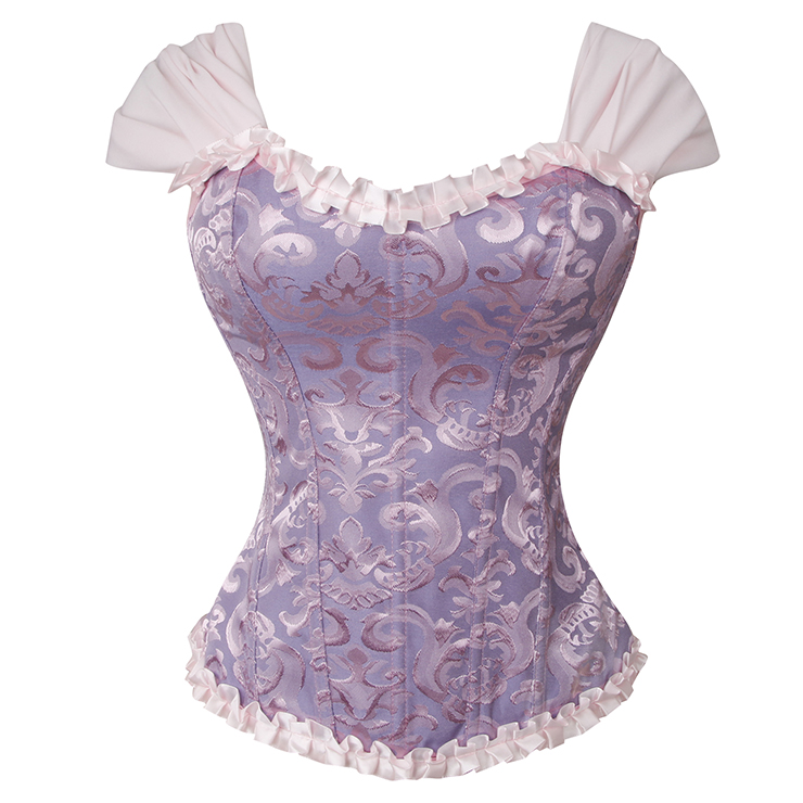 Lilac Lace-Up Dance Bustier Corset with Ruffle Shoulder Straps and Scalloped Hem N237865
