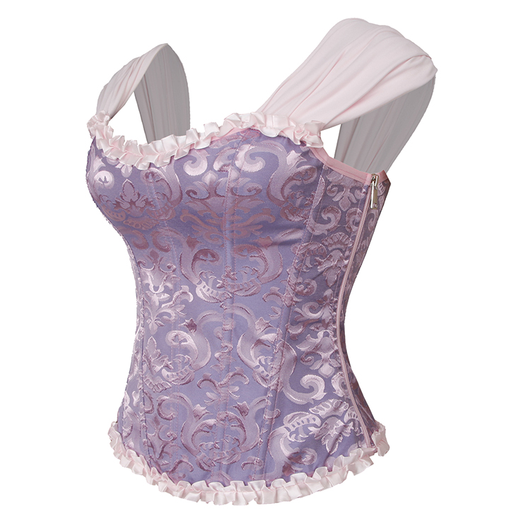 Lilac Lace-Up Dance Bustier Corset with Ruffle Shoulder Straps and Scalloped Hem N237865