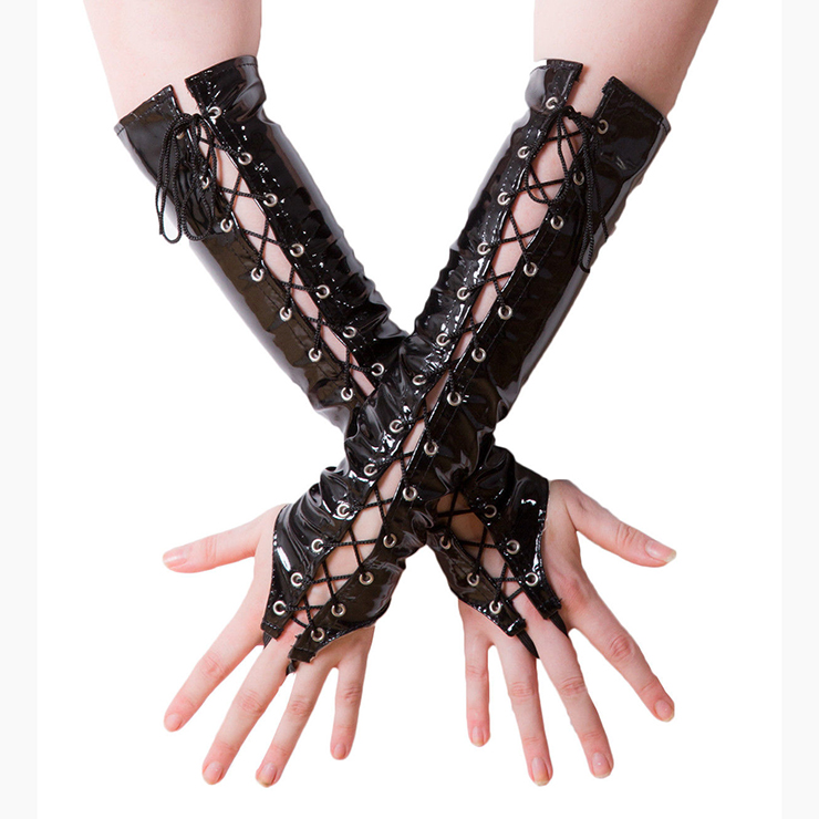 Fashion Black Long Lace-up Fingerless Gloves Party Club Accessory HG17495