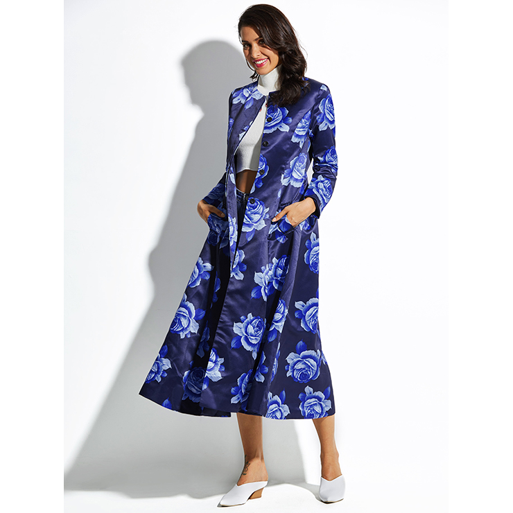 Women's Dark Blue Long Sleeve Single Button Floral Print Long Overcoat N15338