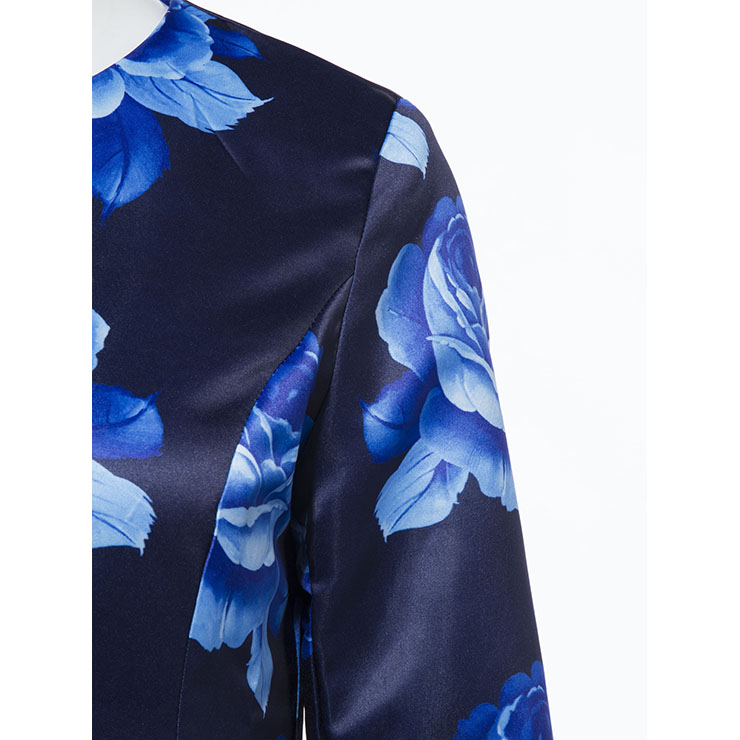 Women's Dark Blue Long Sleeve Single Button Floral Print Long Overcoat N15338