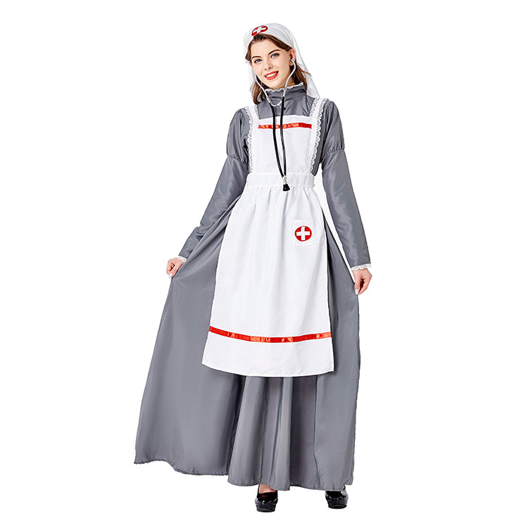 3pcs Medieval Medical Staff Long Dress Nurse Outfit Adult Cosplay Party Costume N20737