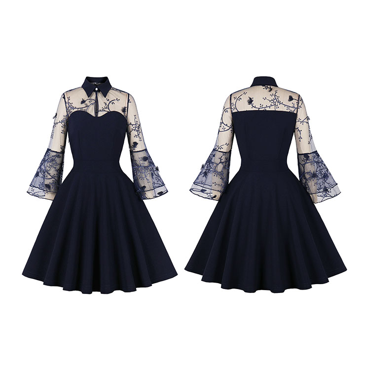 Navy-blue See-through Mesh Patchwork Turndown Collar Flare Sleeve High Waist Swing Dress N22997