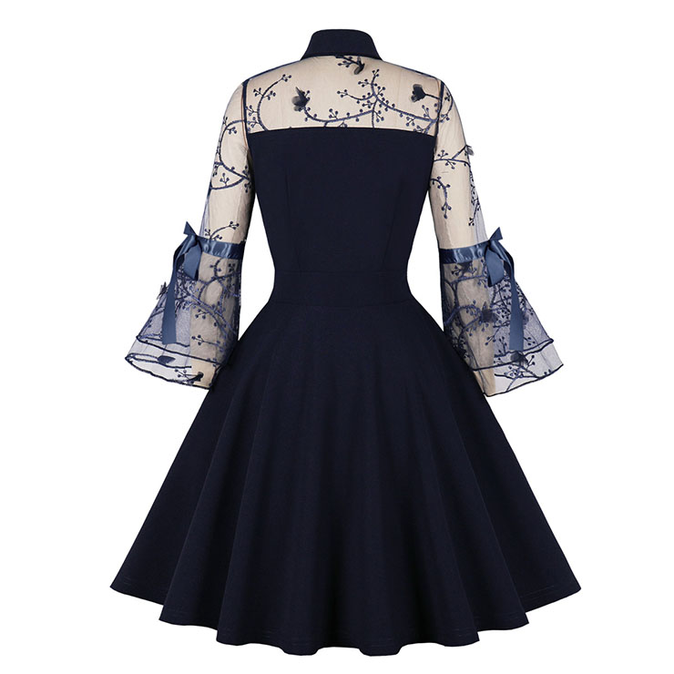 Navy-blue See-through Mesh Patchwork Turndown Collar Flare Sleeve High Waist Swing Dress N22997