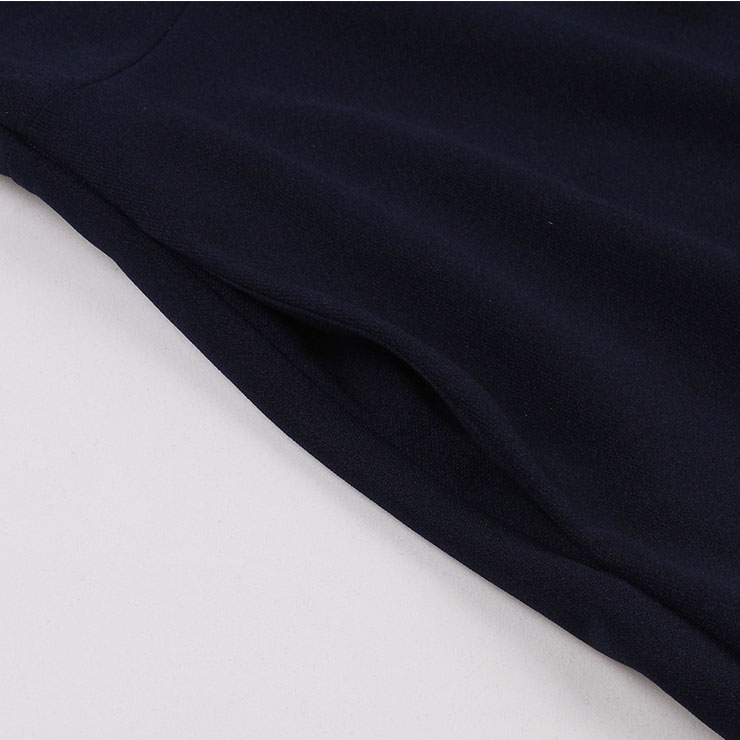 Navy-blue See-through Mesh Patchwork Turndown Collar Flare Sleeve High Waist Swing Dress N22997