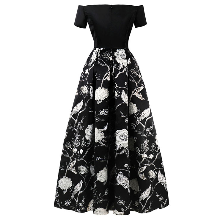 Women s Vintage Black Off Shoulder Floral Print Splicing A Line