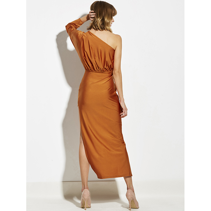 Women's Fashion Orange Red One Shoulder Oblique Collar Asymmetrical Maxi Dress N14938