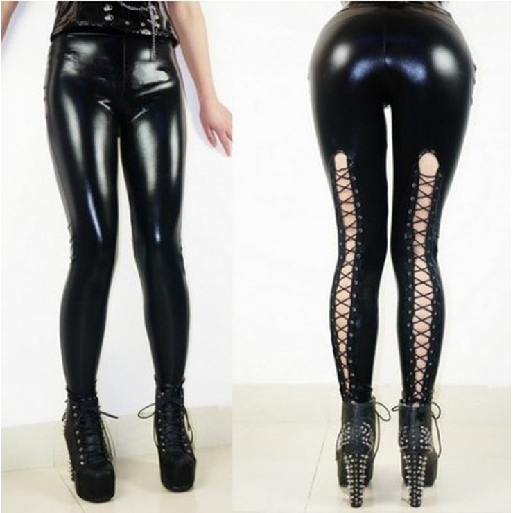 Sexy Black PVC Wet Look Lace Up Dancing Legging Clubwear N12460