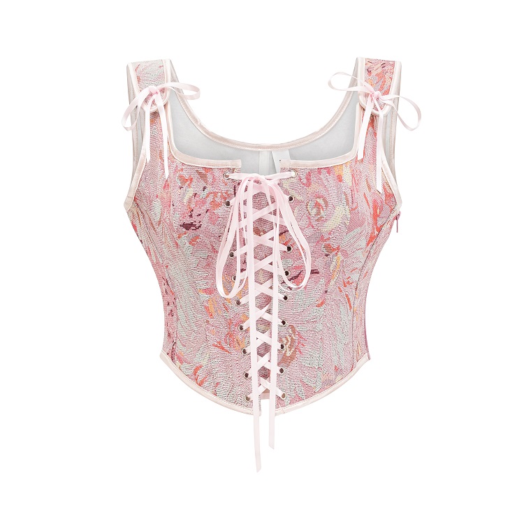 Women's Pink Corset, Floral Jacquard Bustier, Square Neck Top, Front Lace Up, Shoulder Ties, Vintage Inspired, Structured Boning, Romantic Style, Textured Fabric, High Waist Match, Chic Outfit, Women's Fashion, Waist Cincher, Statement Top, Evening Wear #N23966