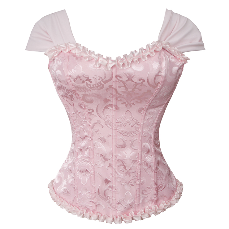 Pink Vintage Dance Corset Top with Ruffle Sleeves and Cross-Back Lacing - Retro Bustier for Performance N237864
