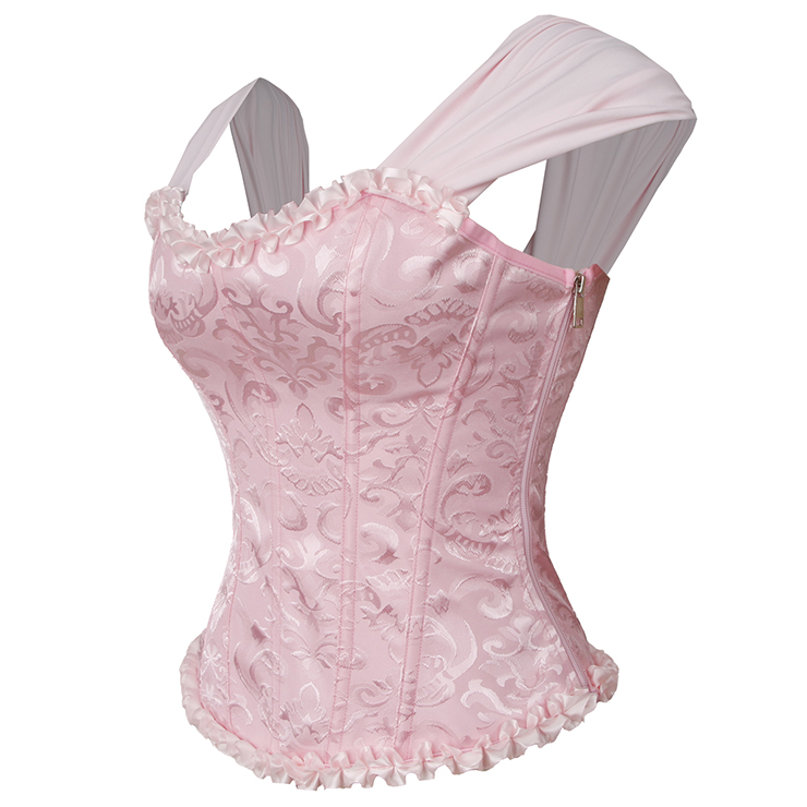 Pink Vintage Dance Corset Top with Ruffle Sleeves and Cross-Back Lacing - Retro Bustier for Performance N237864