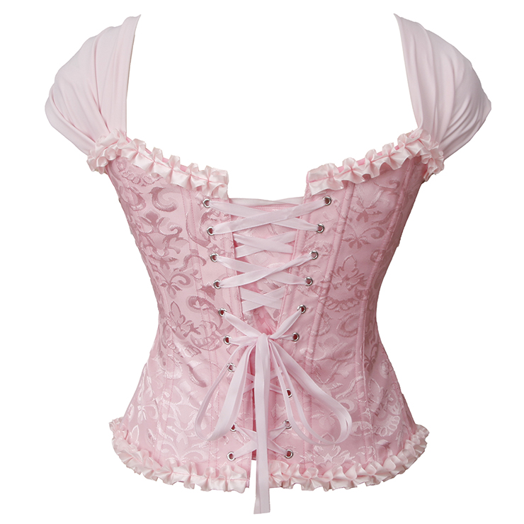 Pink Vintage Dance Corset Top with Ruffle Sleeves and Cross-Back Lacing - Retro Bustier for Performance N237864