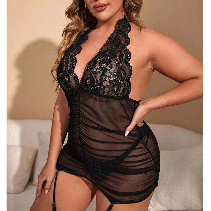 Plus Size Sexy See-through Mesh and Lace Halter Neck Flirty Babydoll Nightwear Chemise N21807