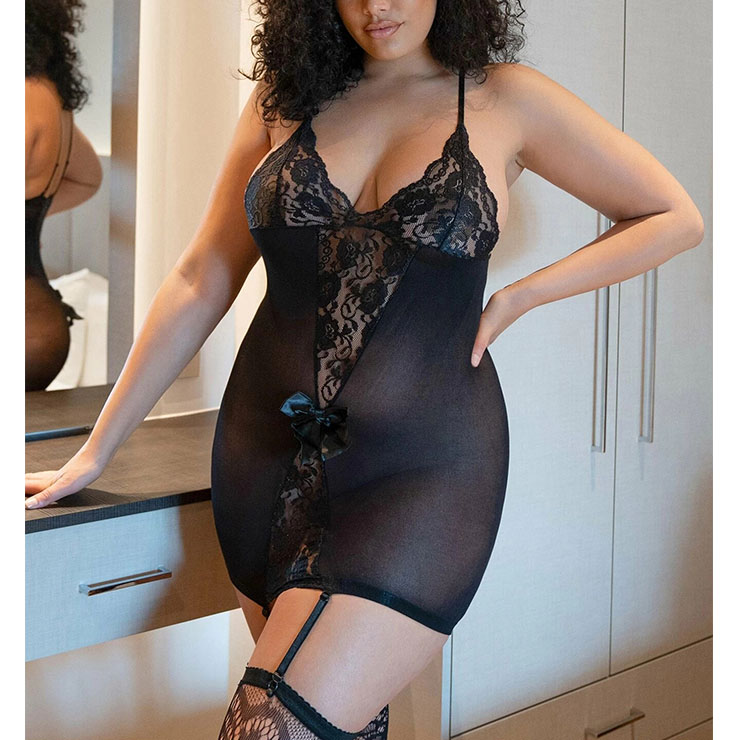 Plus Size Sexy See-through Mesh and Lace Spaghetti Straps Flirty Babydoll Nightwear Chemise N21804