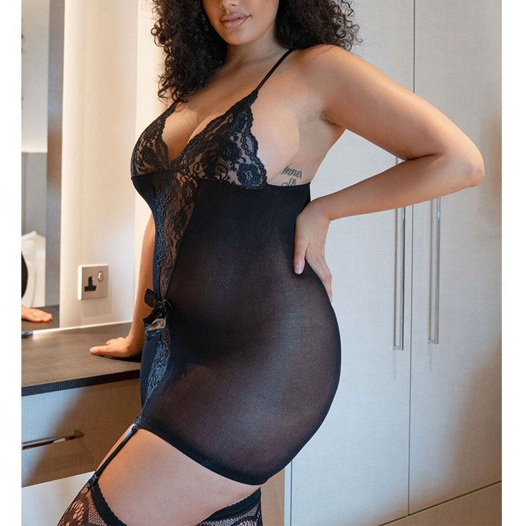 Plus Size Sexy See-through Mesh and Lace Spaghetti Straps Flirty Babydoll Nightwear Chemise N21804